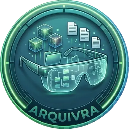 Logo ARQUIVRA: gafas de realidad virtual con carpetas, documentos y cubos digitales